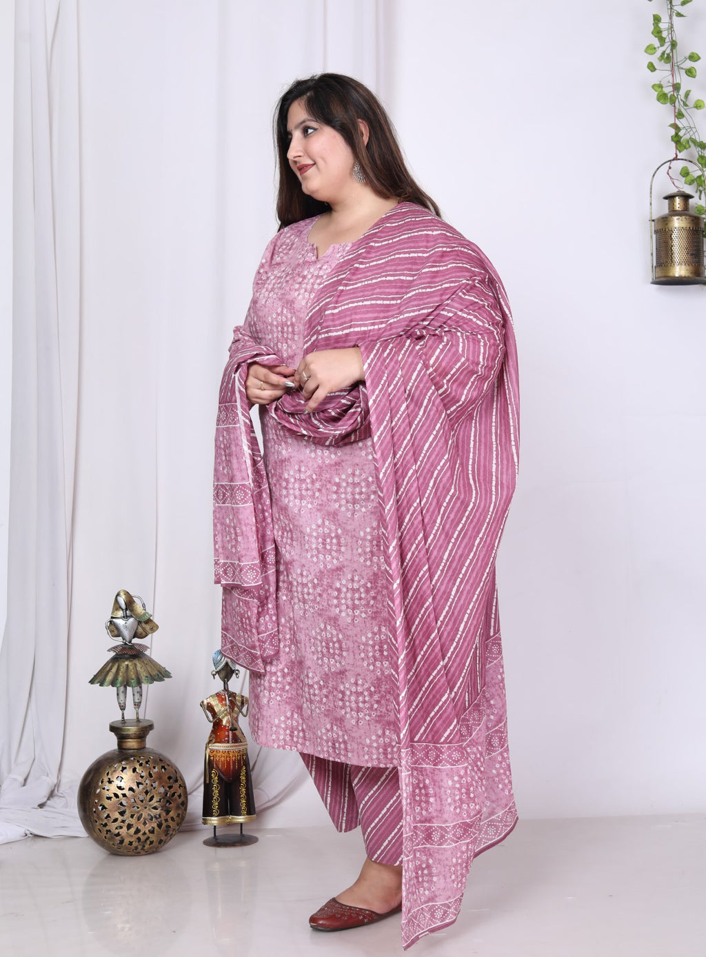 Plus Size Purple Cotton Printed Kurta Pant Set with Dupatta-200014