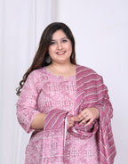Plus Size Purple Cotton Printed Kurta Pant Set with Dupatta-200014