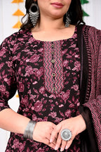 Plus Size Purple Cotton Printed Kurta Pant Set with Dupatta-200016