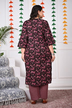 Plus Size Purple Cotton Printed Kurta Pant Set with Dupatta-200016