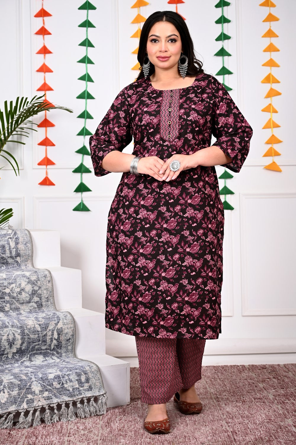 Plus Size Purple Cotton Printed Kurta Pant Set with Dupatta-200016