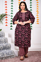 Plus Size Purple Cotton Printed Kurta Pant Set with Dupatta-200016