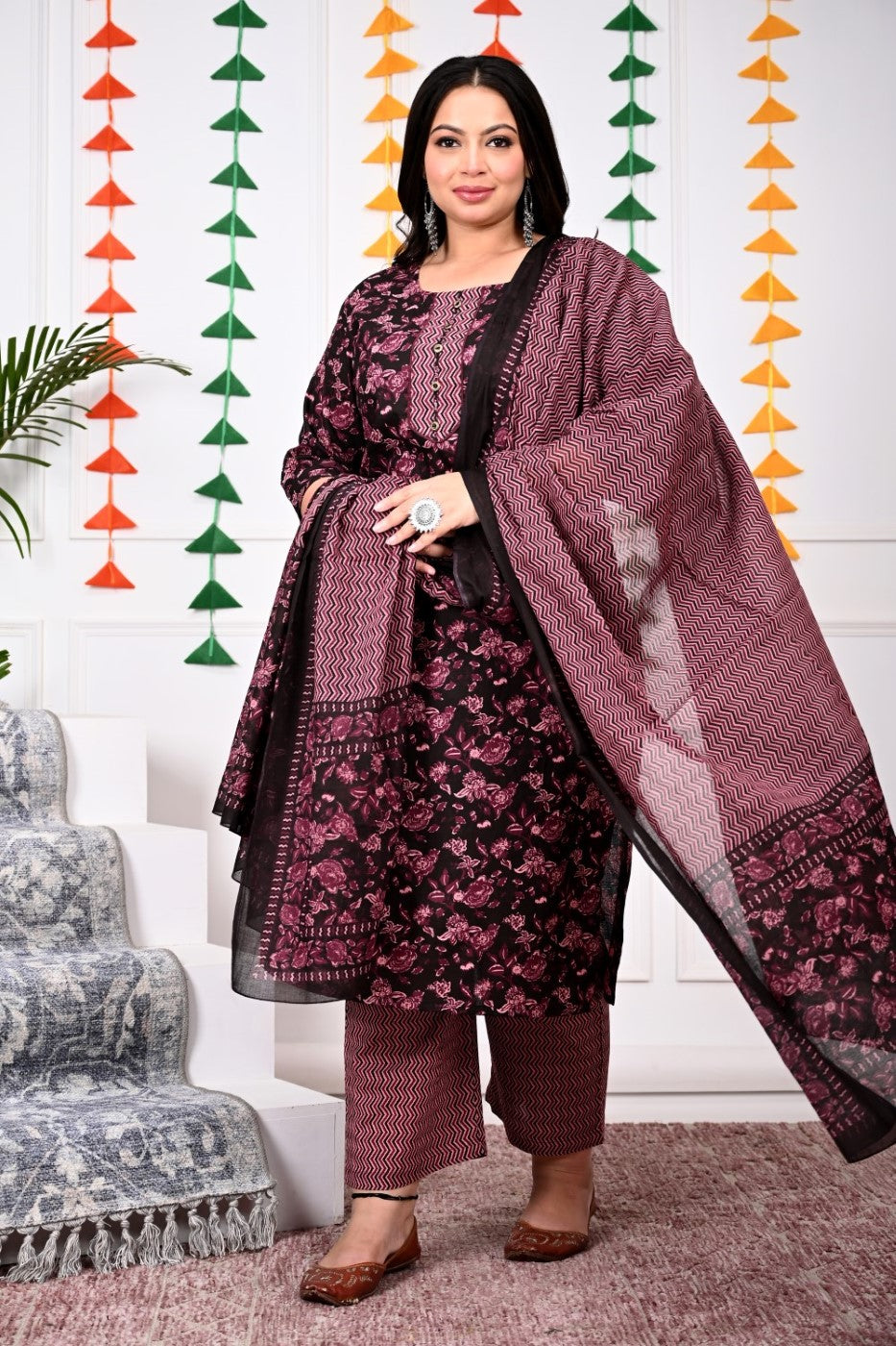 Plus Size Purple Cotton Printed Kurta Pant Set with Dupatta-200016