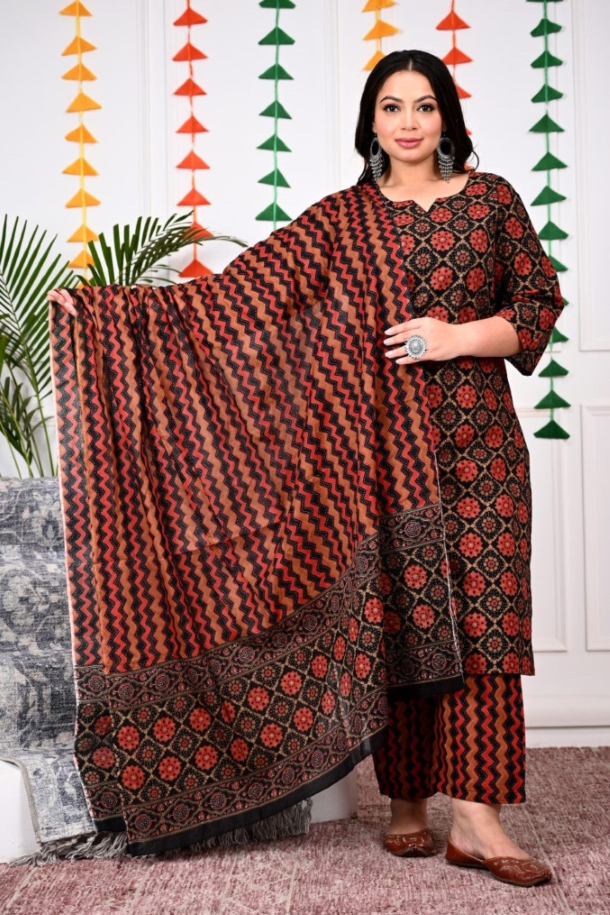 Plus Size Black Cotton Printed Kurta Pant Set with Dupatta-200017 Main image