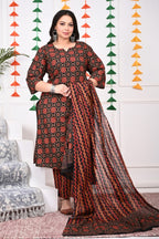 Plus Size Black Cotton Printed Kurta Pant Set with Dupatta-200017