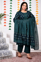 Plus Size Bottle Green Cotton Printed Kurta Pant Set with Dupatta-200018