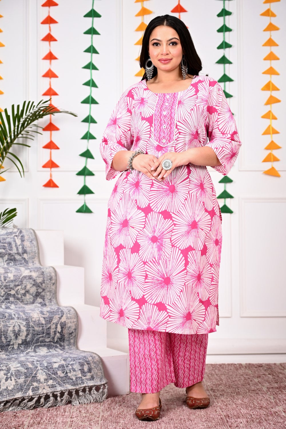 Plus Size Pink Cotton Printed Kurta Pant Set with Dupatta-200019