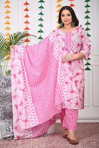 Plus Size Pink Cotton Printed Kurta Pant Set with Dupatta-200019