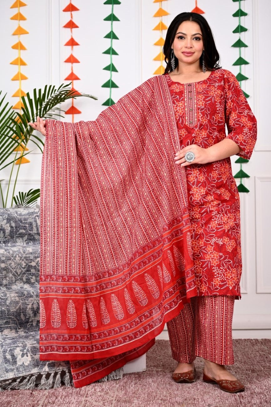 Plus Size Red Cotton Printed Kurta Pant Set with Dupatta-200020 Secondary image
