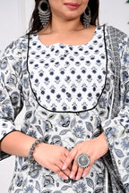 Plus Size White Cotton Printed Kurta Pant Set with Dupatta-200021