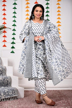 Plus Size White Cotton Printed Kurta Pant Set with Dupatta-200021