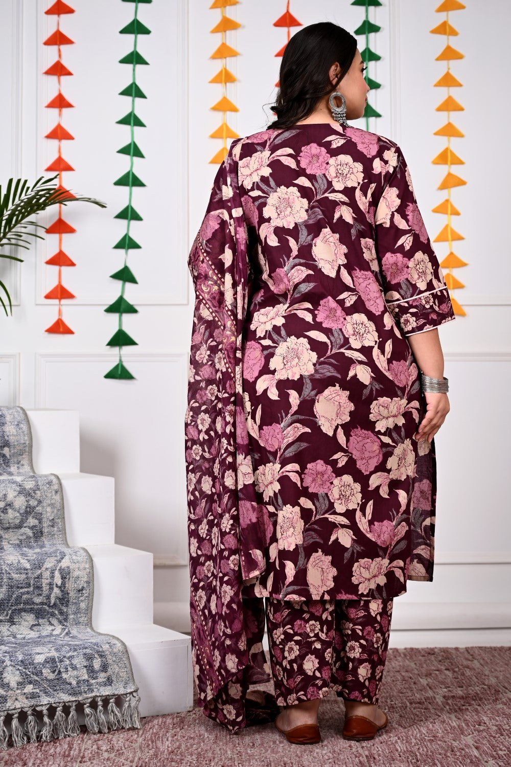 Plus Size Purple Cotton Printed Kurta Pant Set with Dupatta-200022