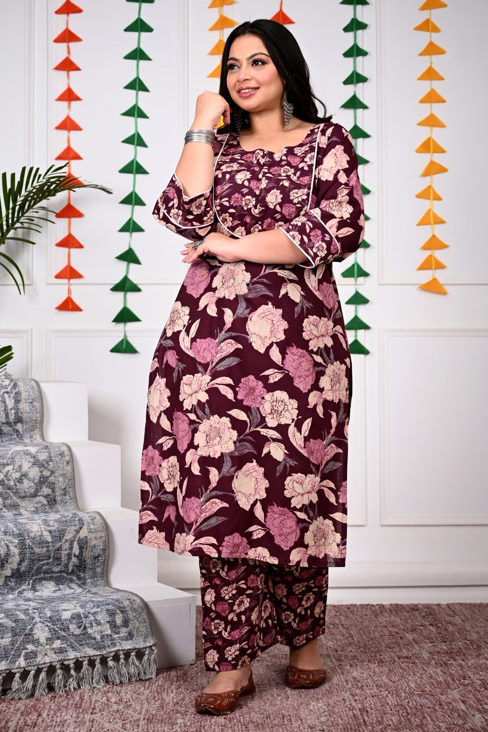 Plus Size Purple Cotton Printed Kurta Pant Set with Dupatta-200022