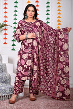 Plus Size Purple Cotton Printed Kurta Pant Set with Dupatta-200022