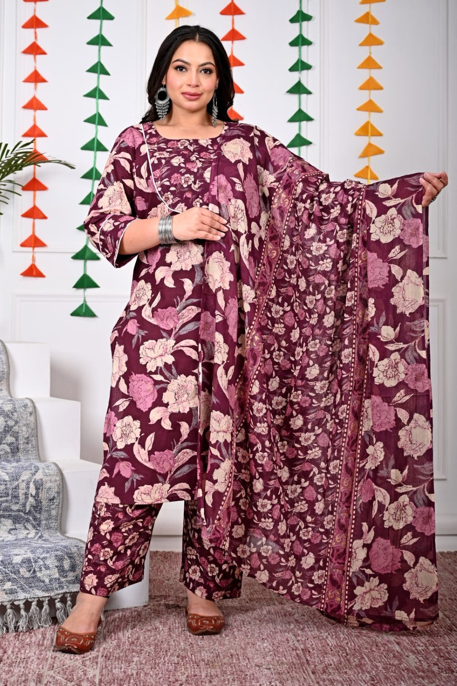 Plus Size Purple Cotton Printed Kurta Pant Set with Dupatta-200022