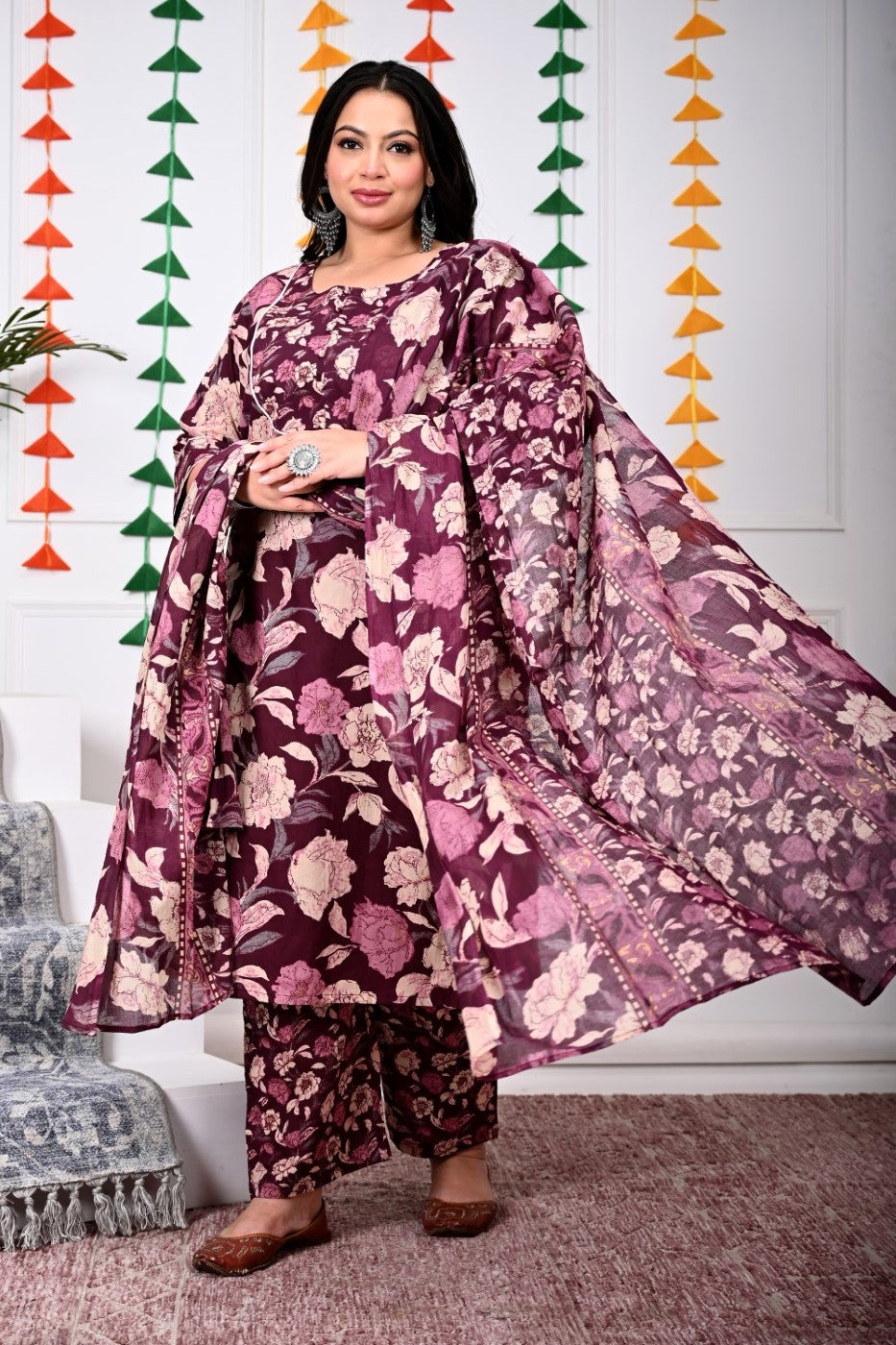 Plus Size Purple Cotton Printed Kurta Pant Set with Dupatta-200022 Main image