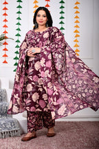 Plus Size Purple Cotton Printed Kurta Pant Set with Dupatta-200022