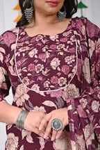 Plus Size Purple Cotton Printed Kurta Pant Set with Dupatta-200022