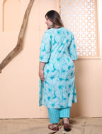 Plus Size Blue Cotton Printed Kurta Pant Set with Dupatta-200023