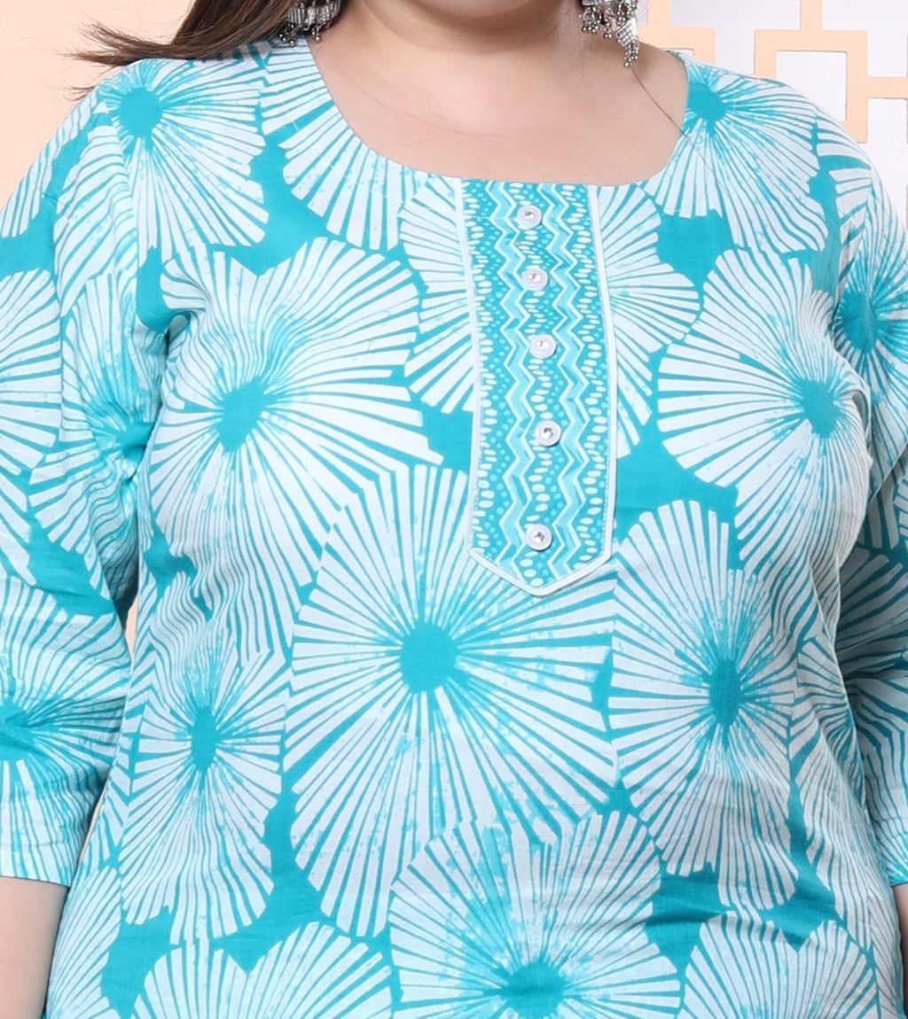 Plus Size Blue Cotton Printed Kurta Pant Set with Dupatta-200023