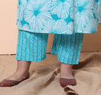 Plus Size Blue Cotton Printed Kurta Pant Set with Dupatta-200023