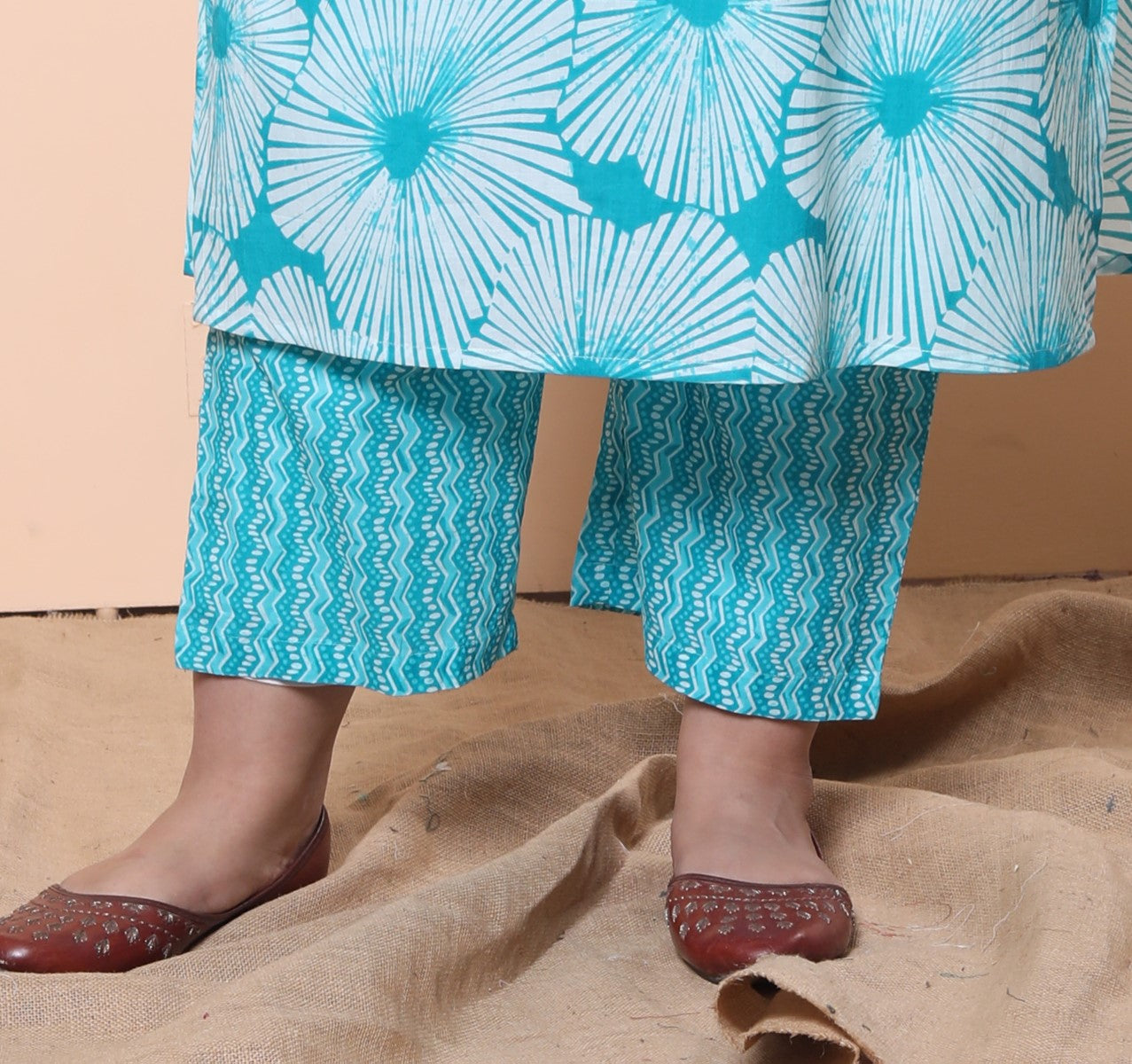 Plus Size Blue Cotton Printed Kurta Pant Set with Dupatta-200023