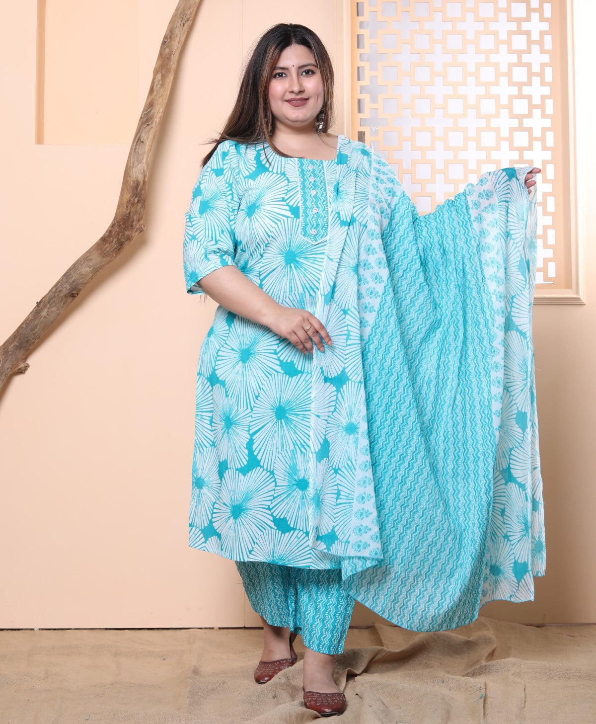 Plus Size Blue Cotton Printed Kurta Pant Set with Dupatta-200023 Main image