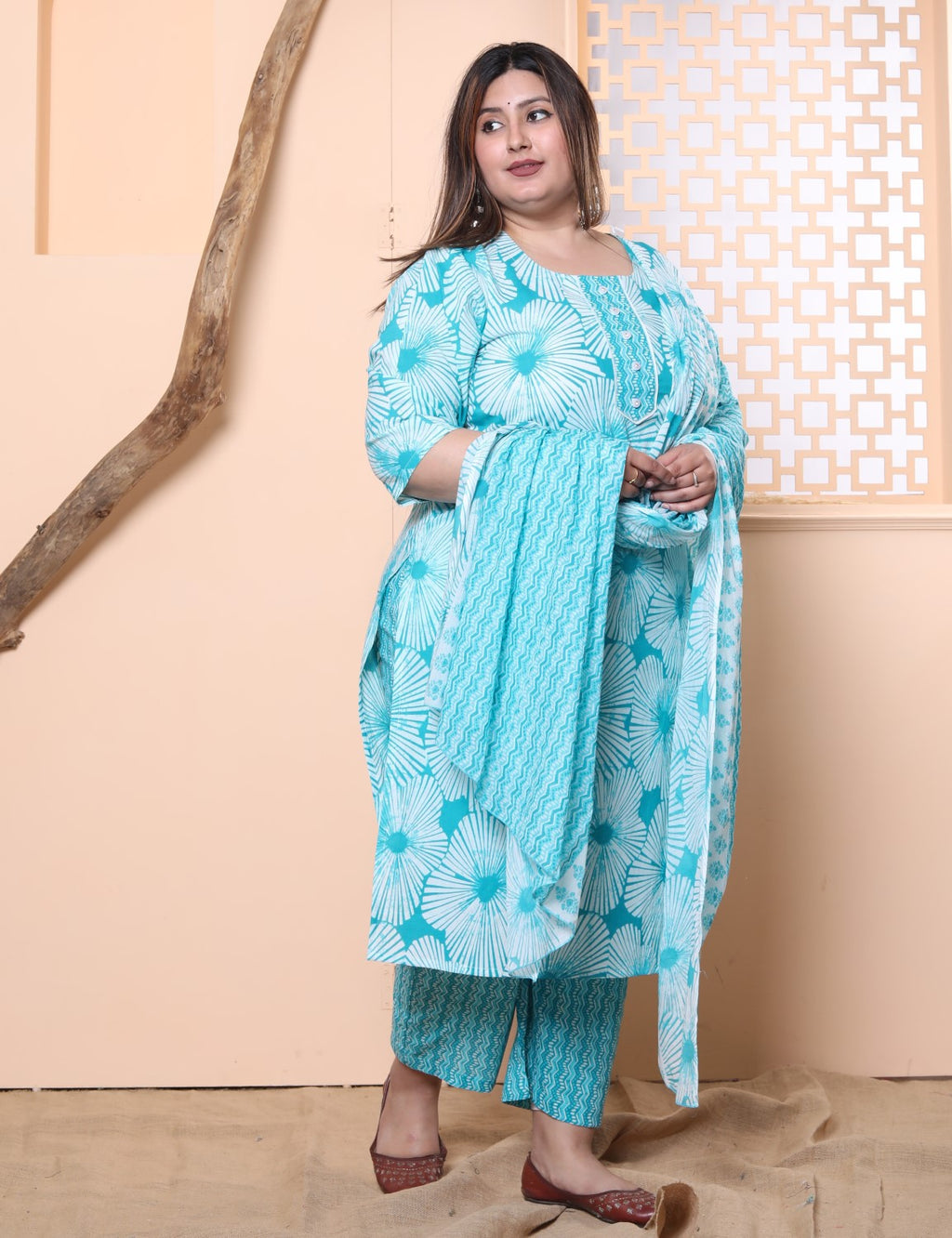 Plus Size Blue Cotton Printed Kurta Pant Set with Dupatta-200023