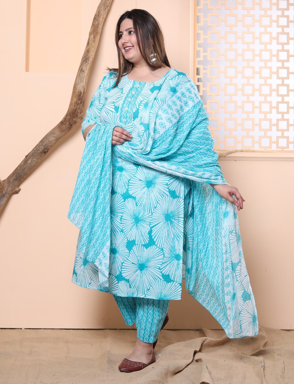 Plus Size Blue Cotton Printed Kurta Pant Set with Dupatta-200023