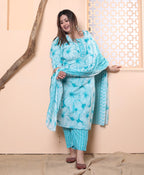 Plus Size Blue Cotton Printed Kurta Pant Set with Dupatta-200023