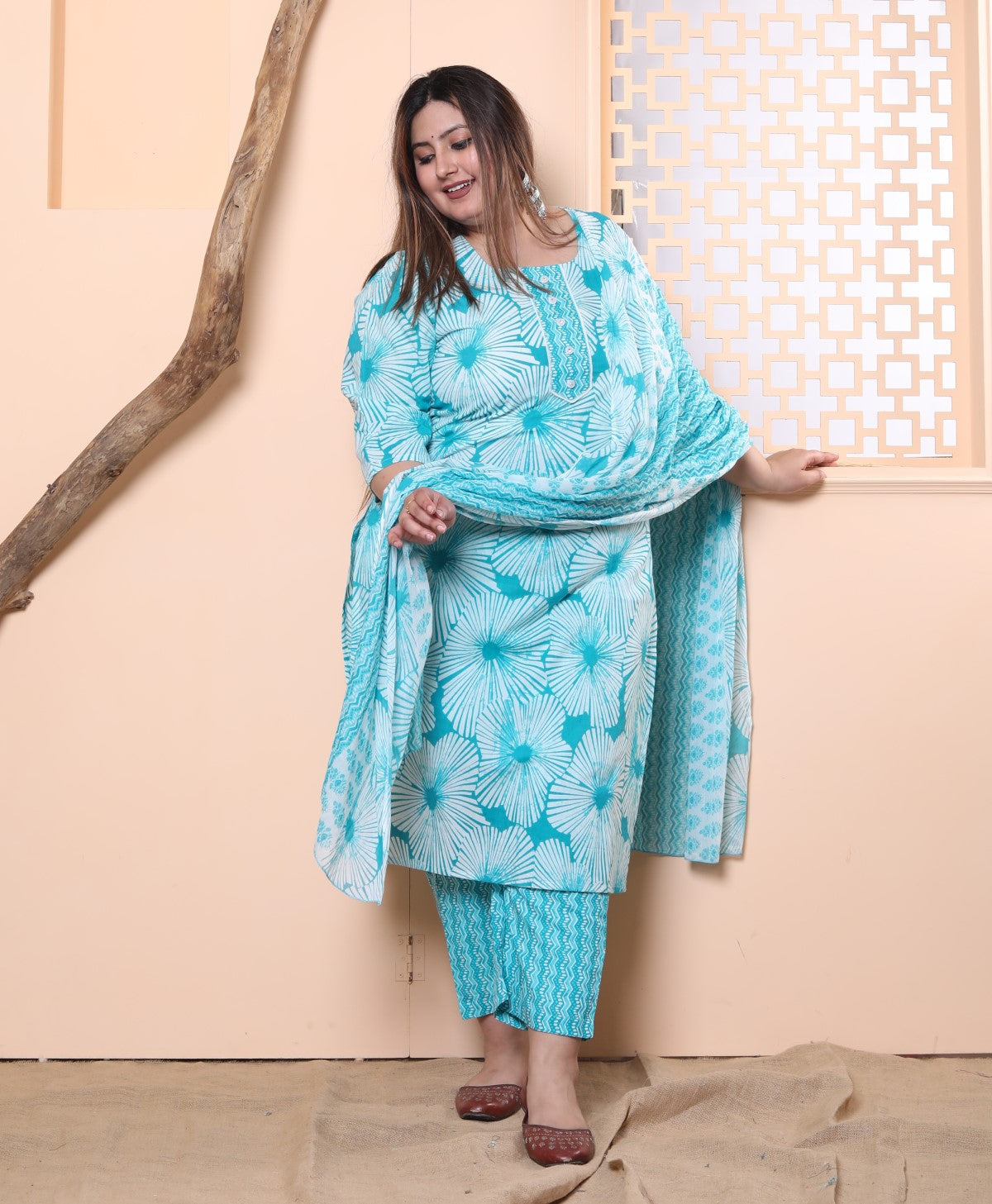 Plus Size Blue Cotton Printed Kurta Pant Set with Dupatta-200023