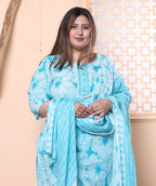Plus Size Blue Cotton Printed Kurta Pant Set with Dupatta-200023