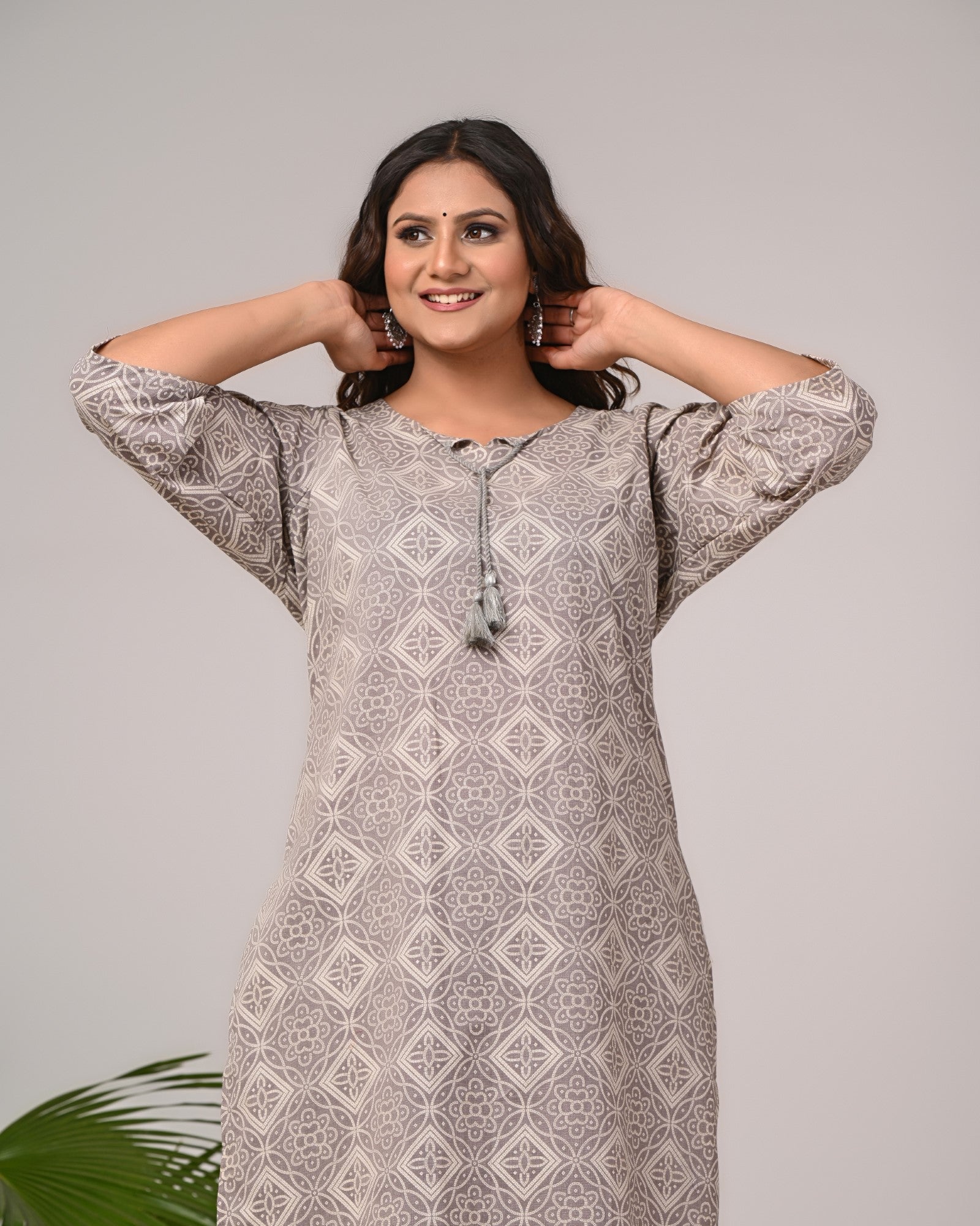 Plus Size Grey Cotton Print Straight Kurta-200024 Secondary image