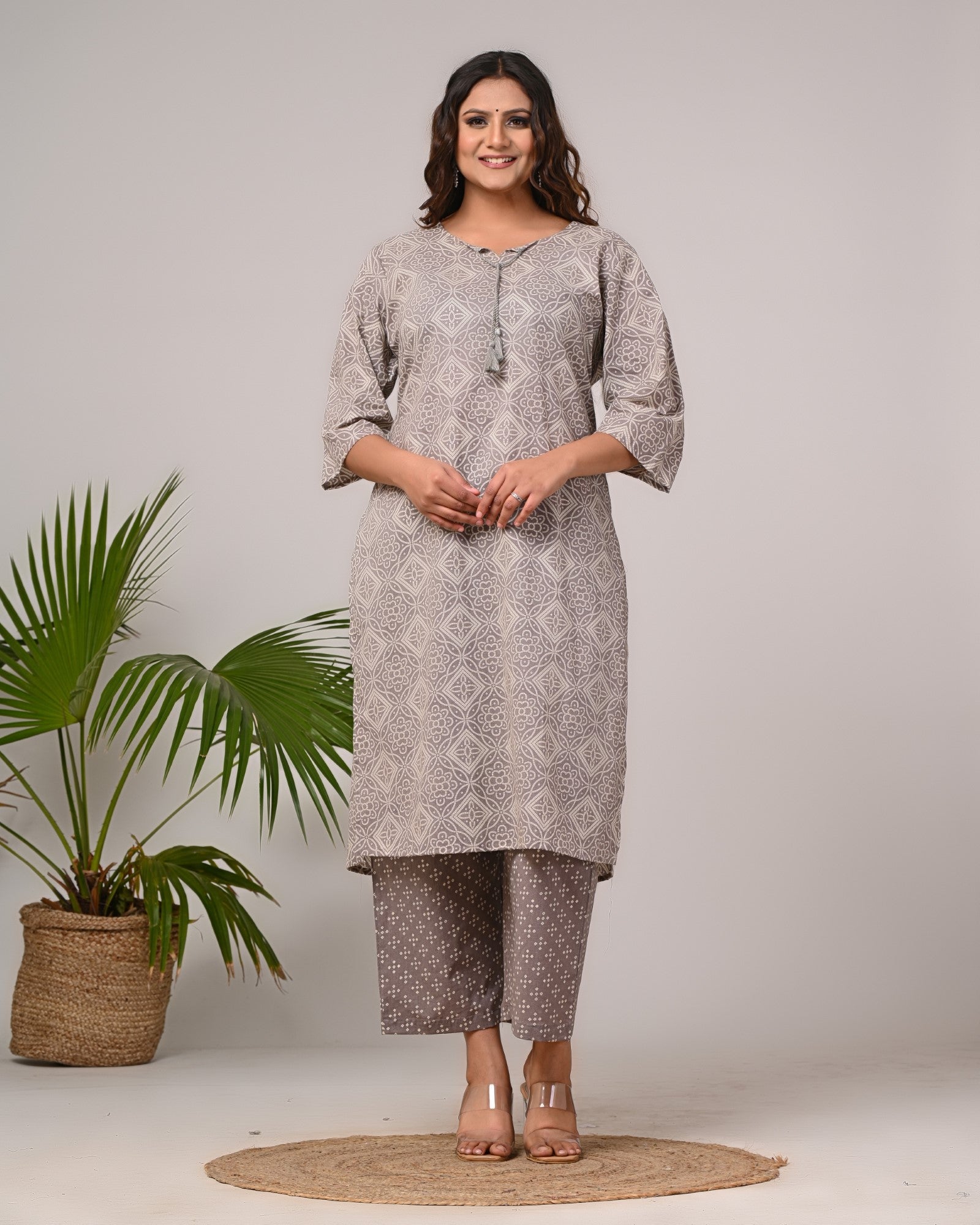 Plus Size Grey Cotton Print Straight Kurta-200024 Main image