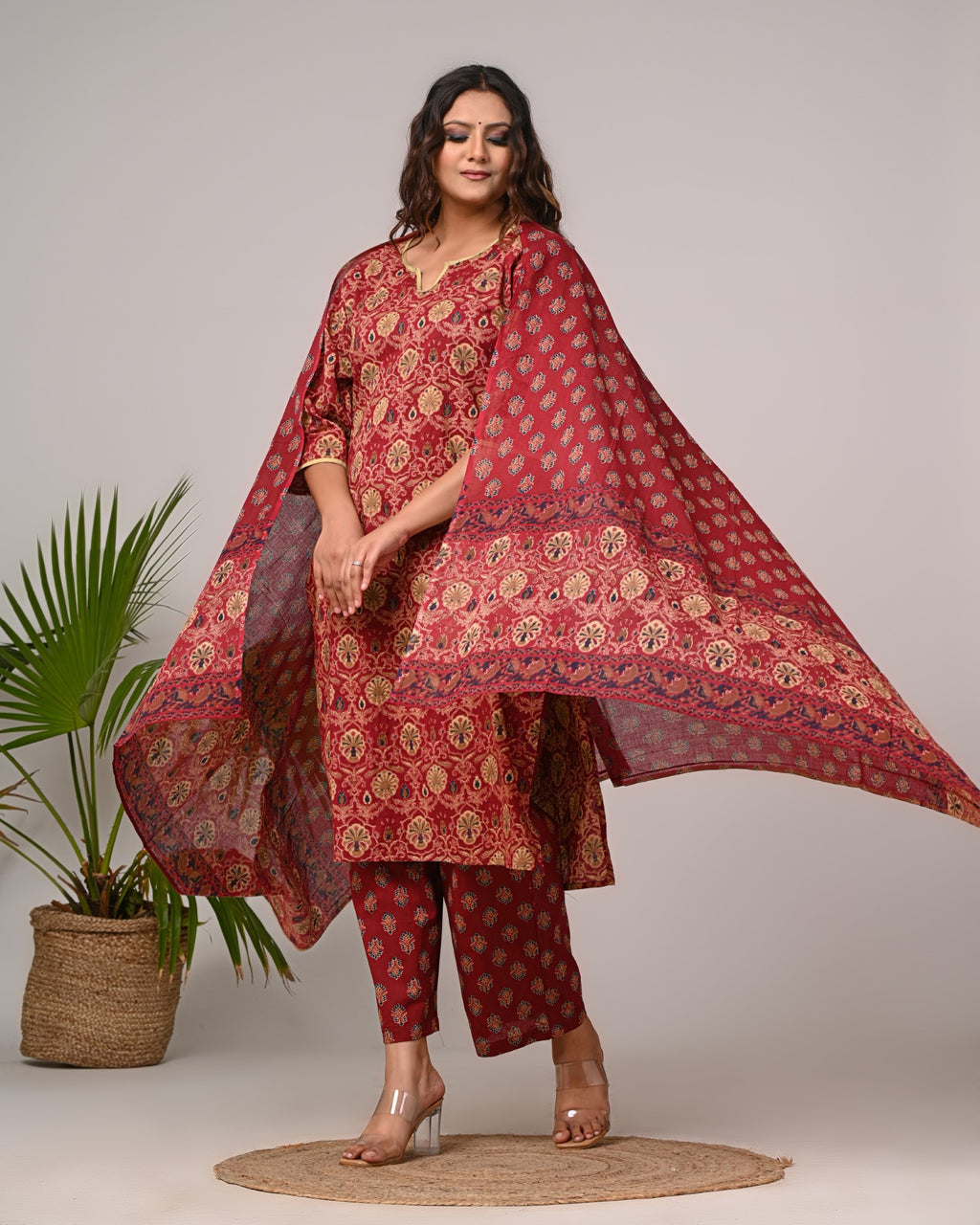 Plus Size Maroon Cotton Printed Kurta Pant Set with Dupatta-200026