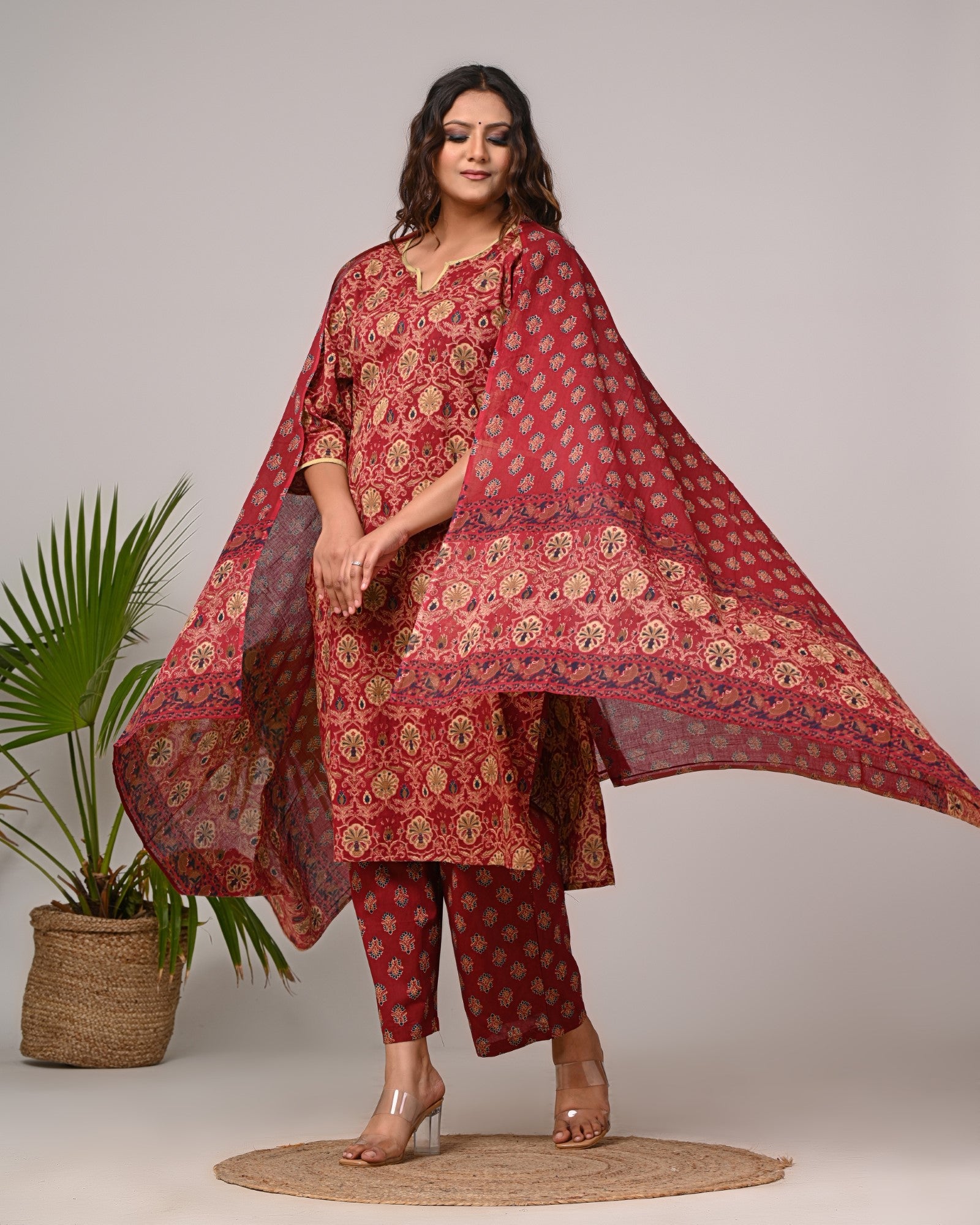 Plus Size Maroon Cotton Printed Kurta Pant Set with Dupatta-200026