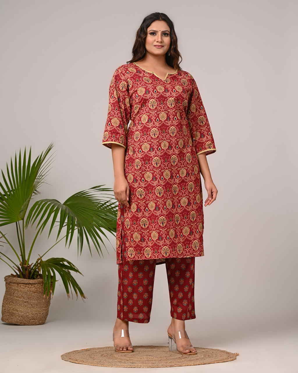 Plus Size Maroon Cotton Printed Kurta Pant Set with Dupatta-200026