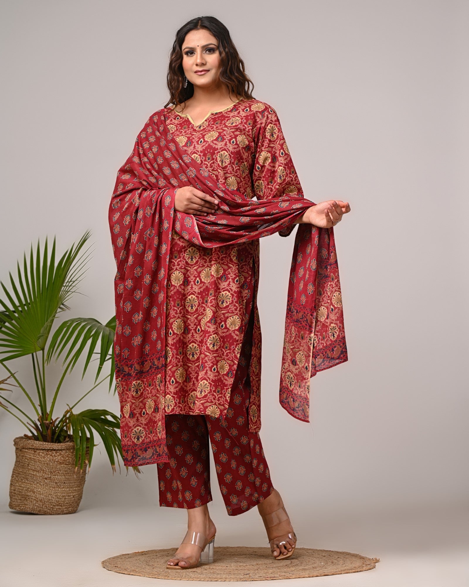 Plus Size Maroon Cotton Printed Kurta Pant Set with Dupatta-200026 Secondary image