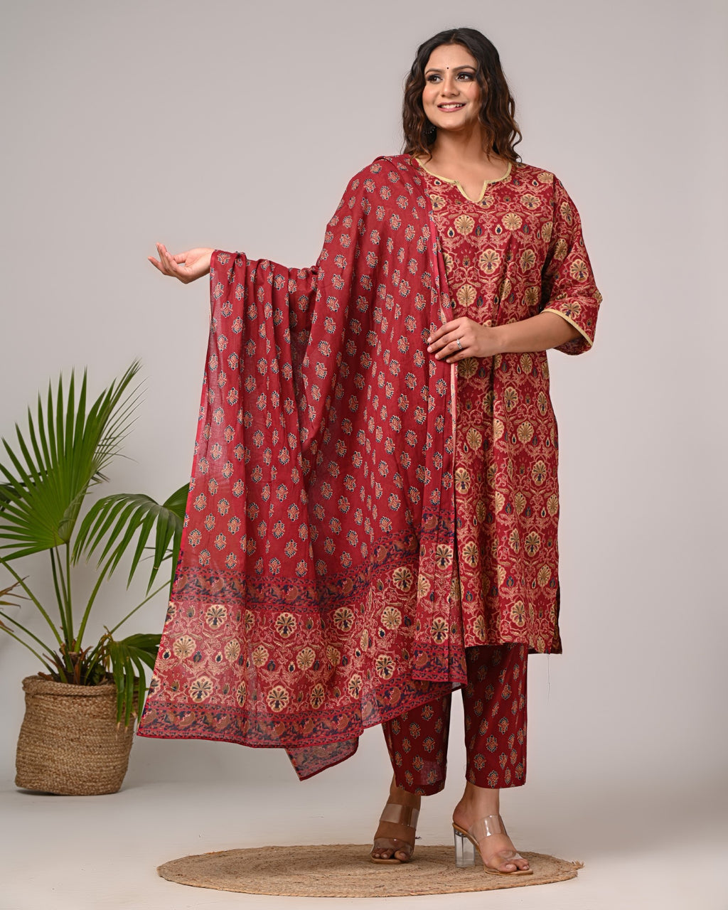 Plus Size Maroon Cotton Printed Kurta Pant Set with Dupatta-200026