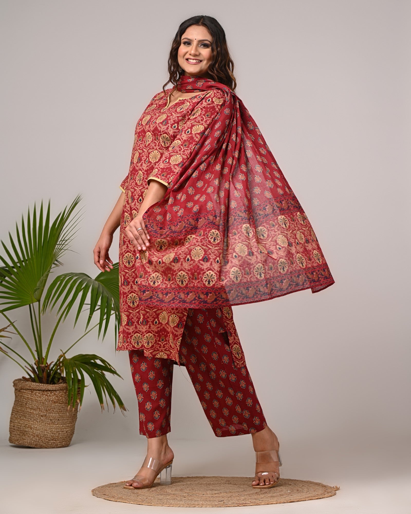 Plus Size Maroon Cotton Printed Kurta Pant Set with Dupatta-200026