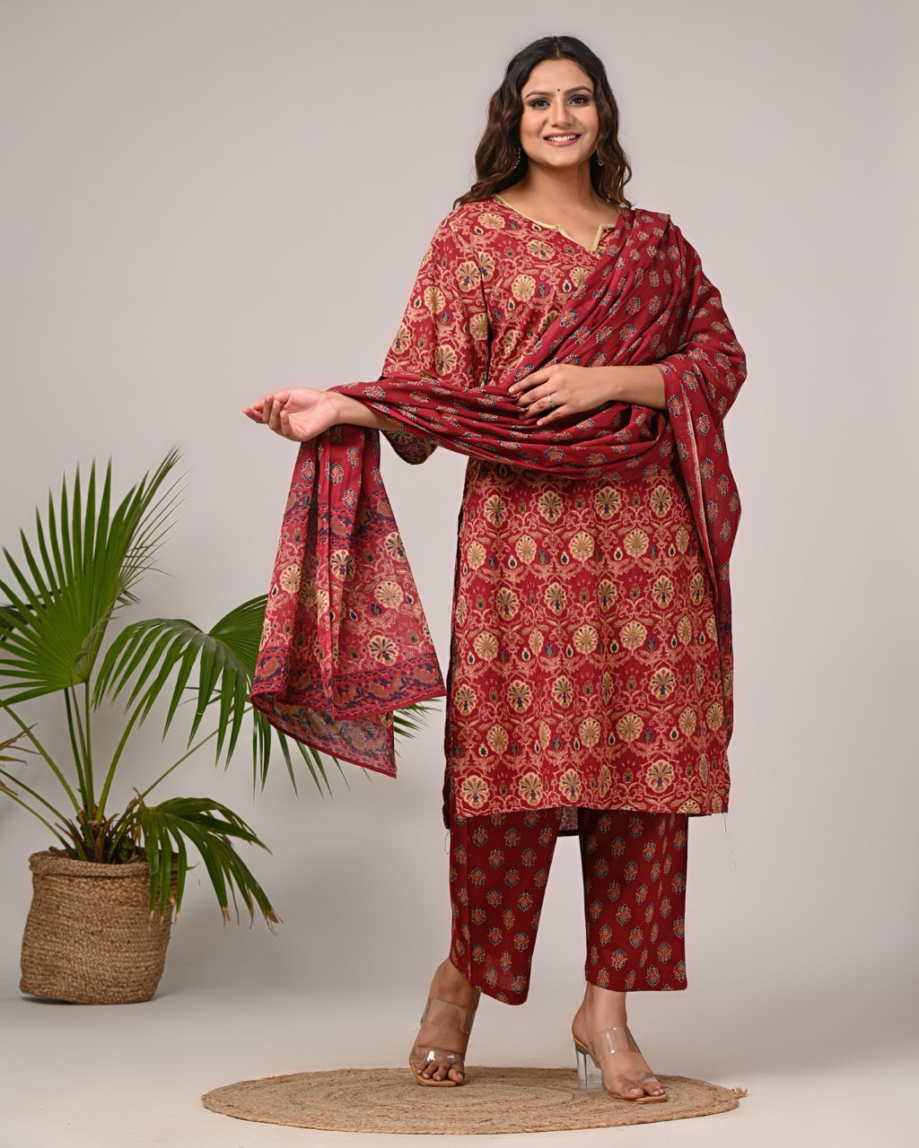 Plus Size Maroon Cotton Printed Kurta Pant Set with Dupatta-200026