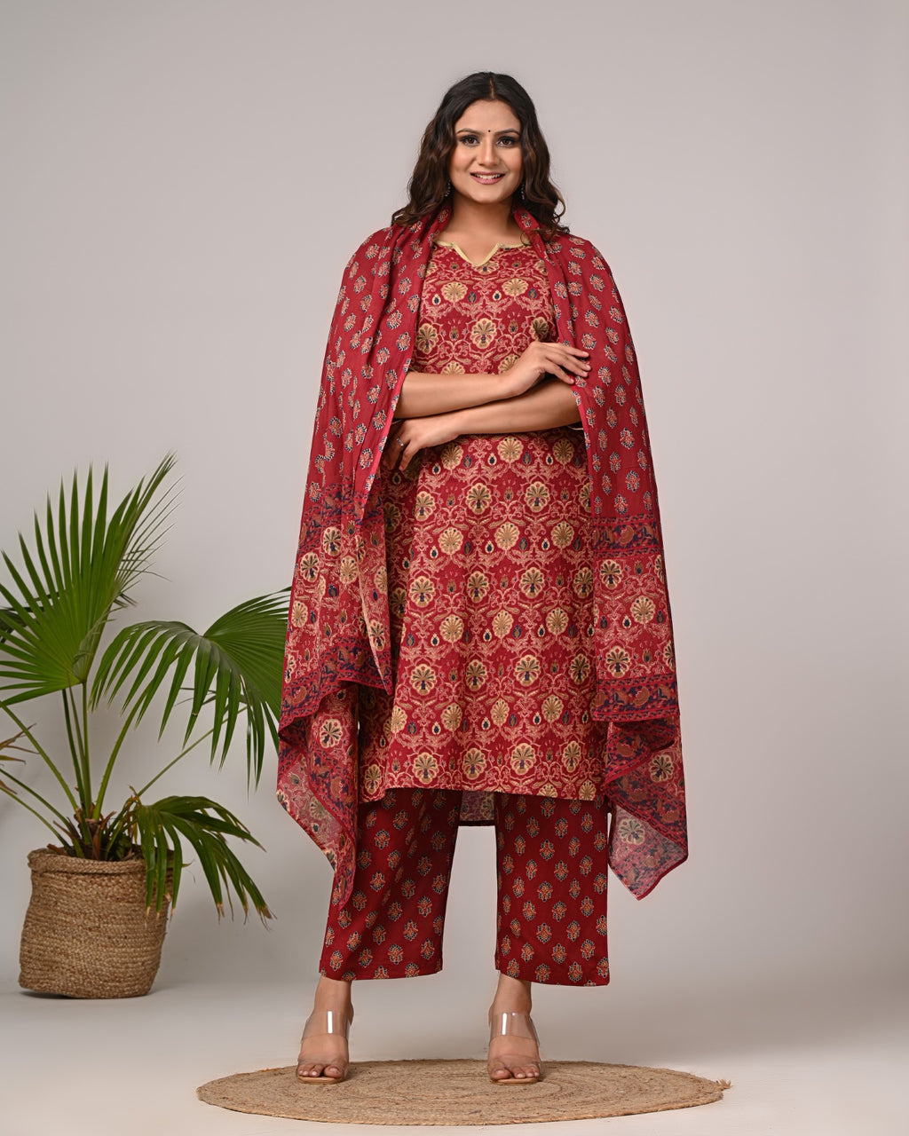 Plus Size Maroon Cotton Printed Kurta Pant Set with Dupatta-200026