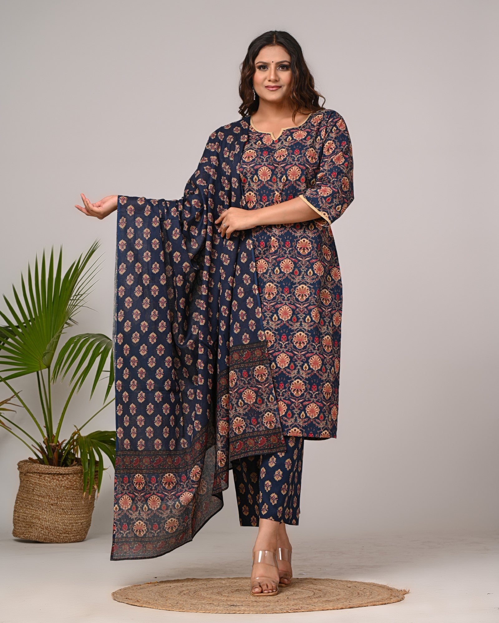 Plus Size Navy Blue Cotton Printed Kurta Pant Set with Dupatta-200027 Main image
