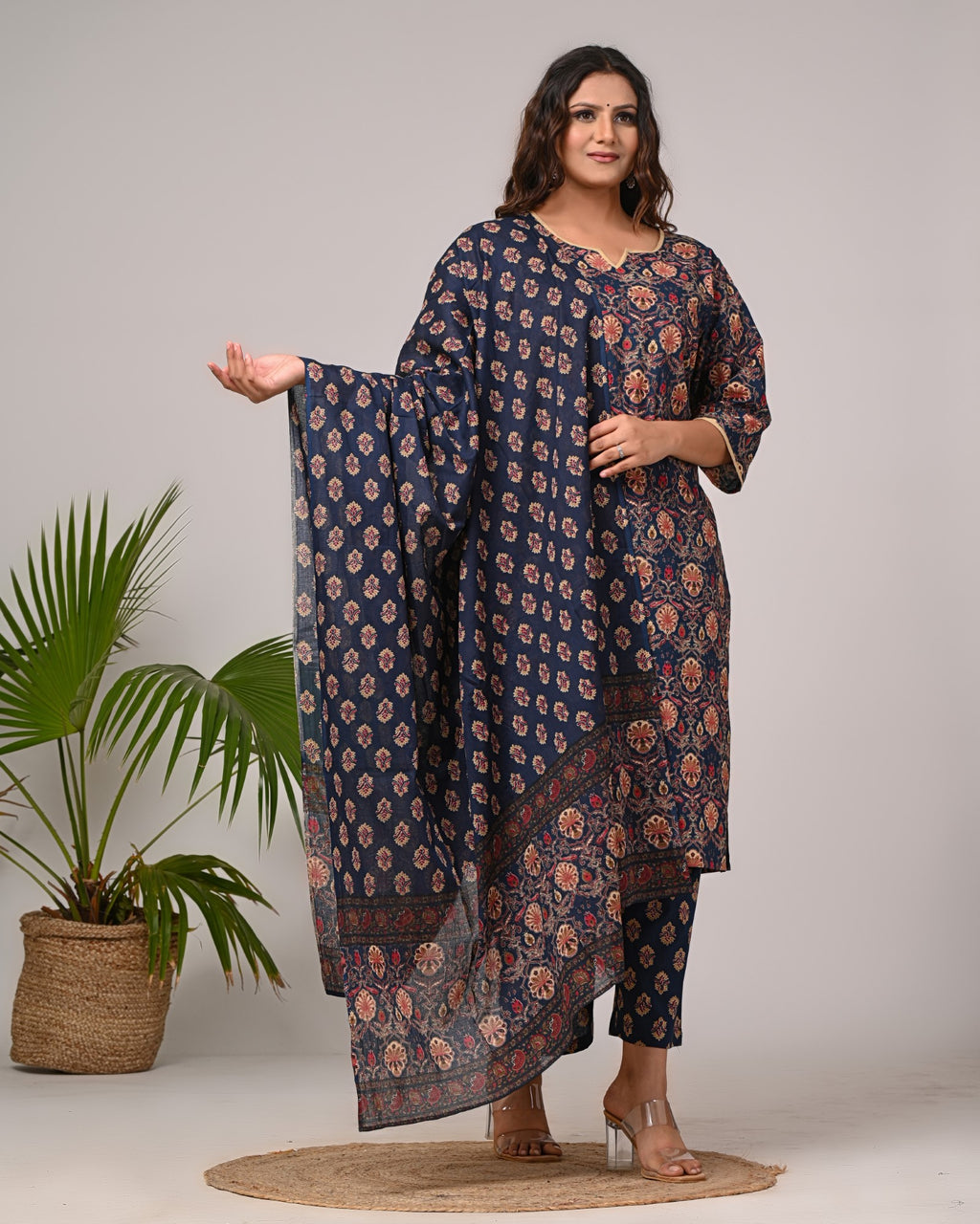 Plus Size Navy Blue Cotton Printed Kurta Pant Set with Dupatta-200027