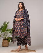 Plus Size Navy Blue Cotton Printed Kurta Pant Set with Dupatta-200027