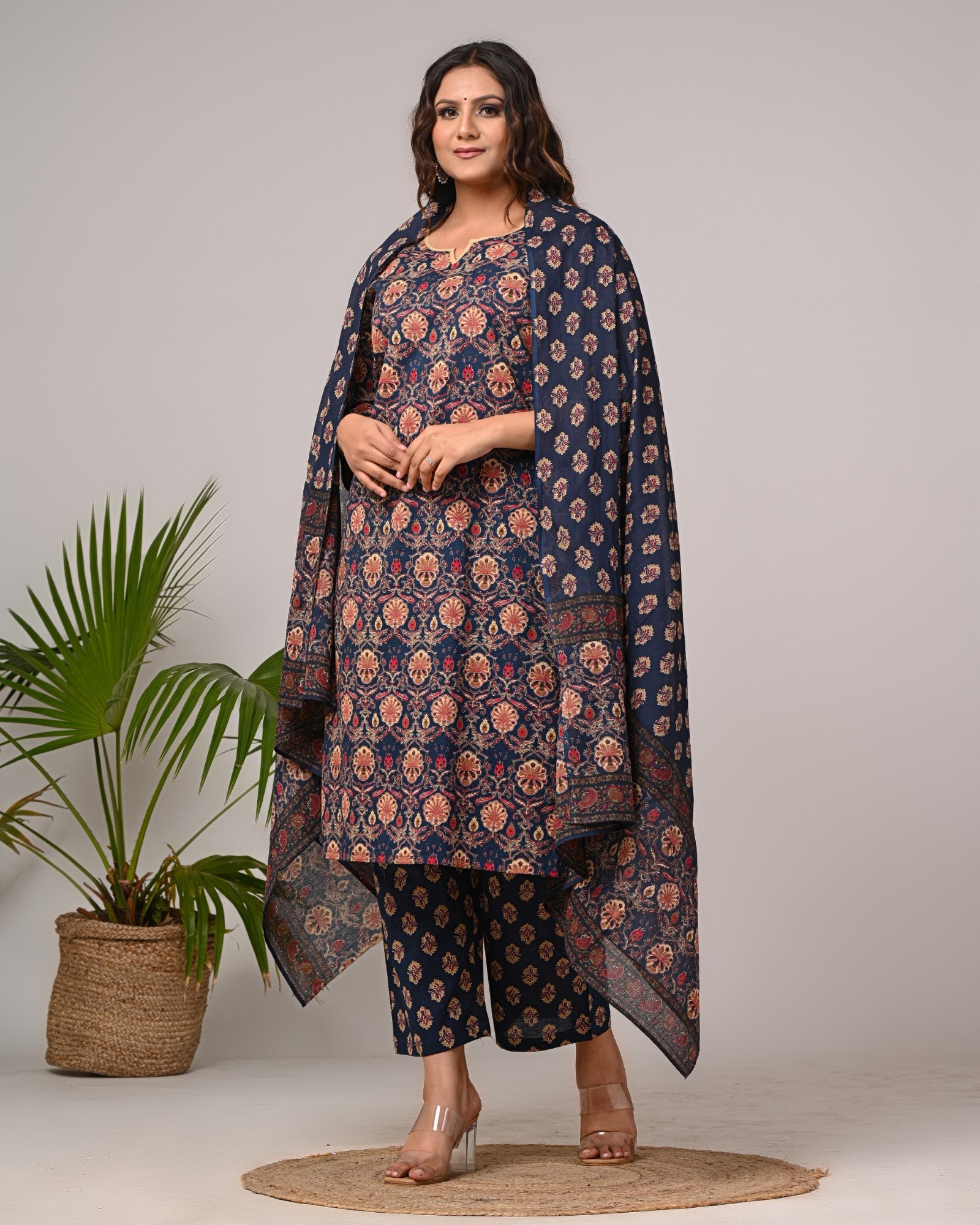 Plus Size Navy Blue Cotton Printed Kurta Pant Set with Dupatta-200027