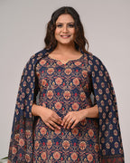 Plus Size Navy Blue Cotton Printed Kurta Pant Set with Dupatta-200027