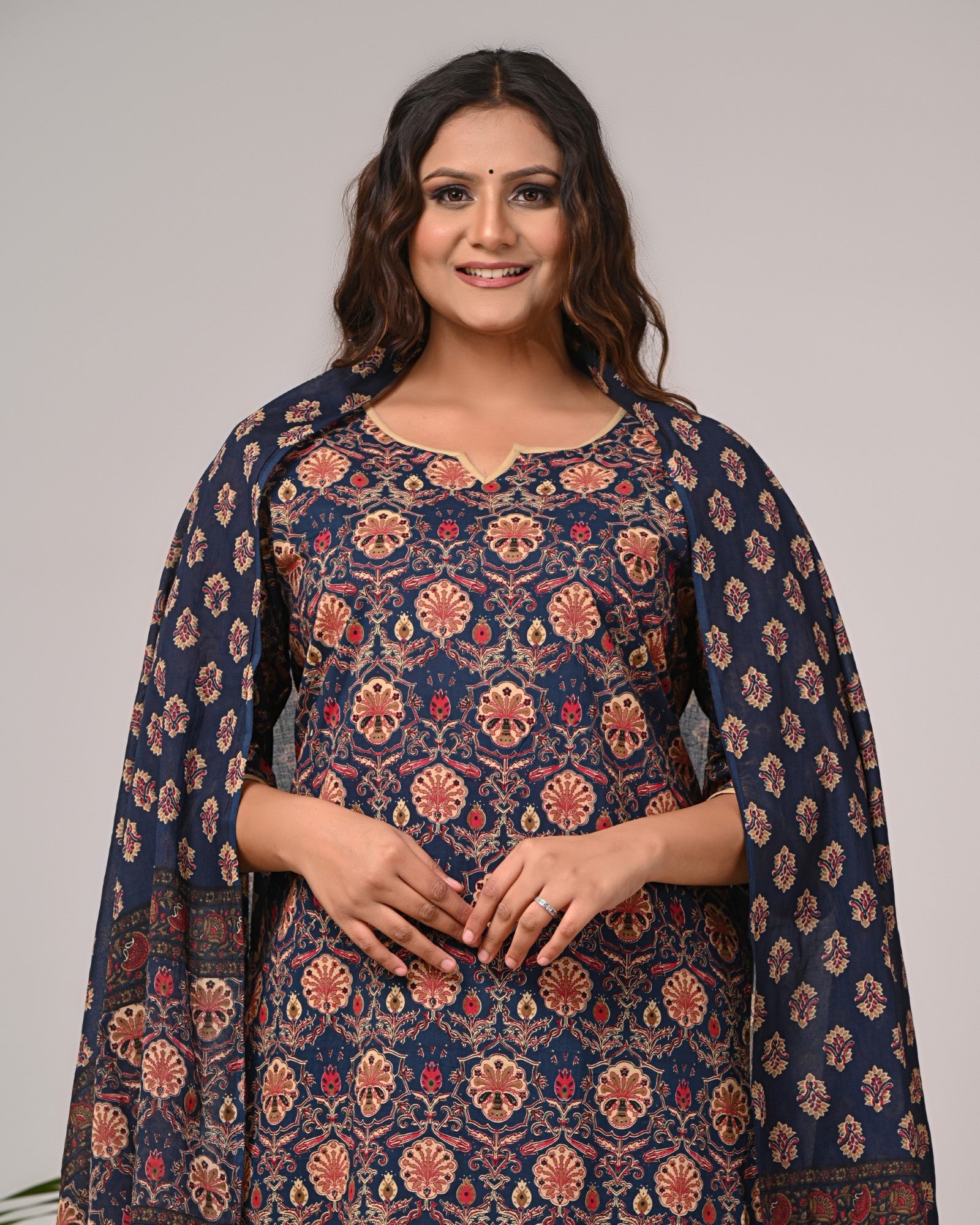 Plus Size Navy Blue Cotton Printed Kurta Pant Set with Dupatta-200027