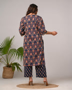 Plus Size Navy Blue Cotton Printed Kurta Pant Set with Dupatta-200027