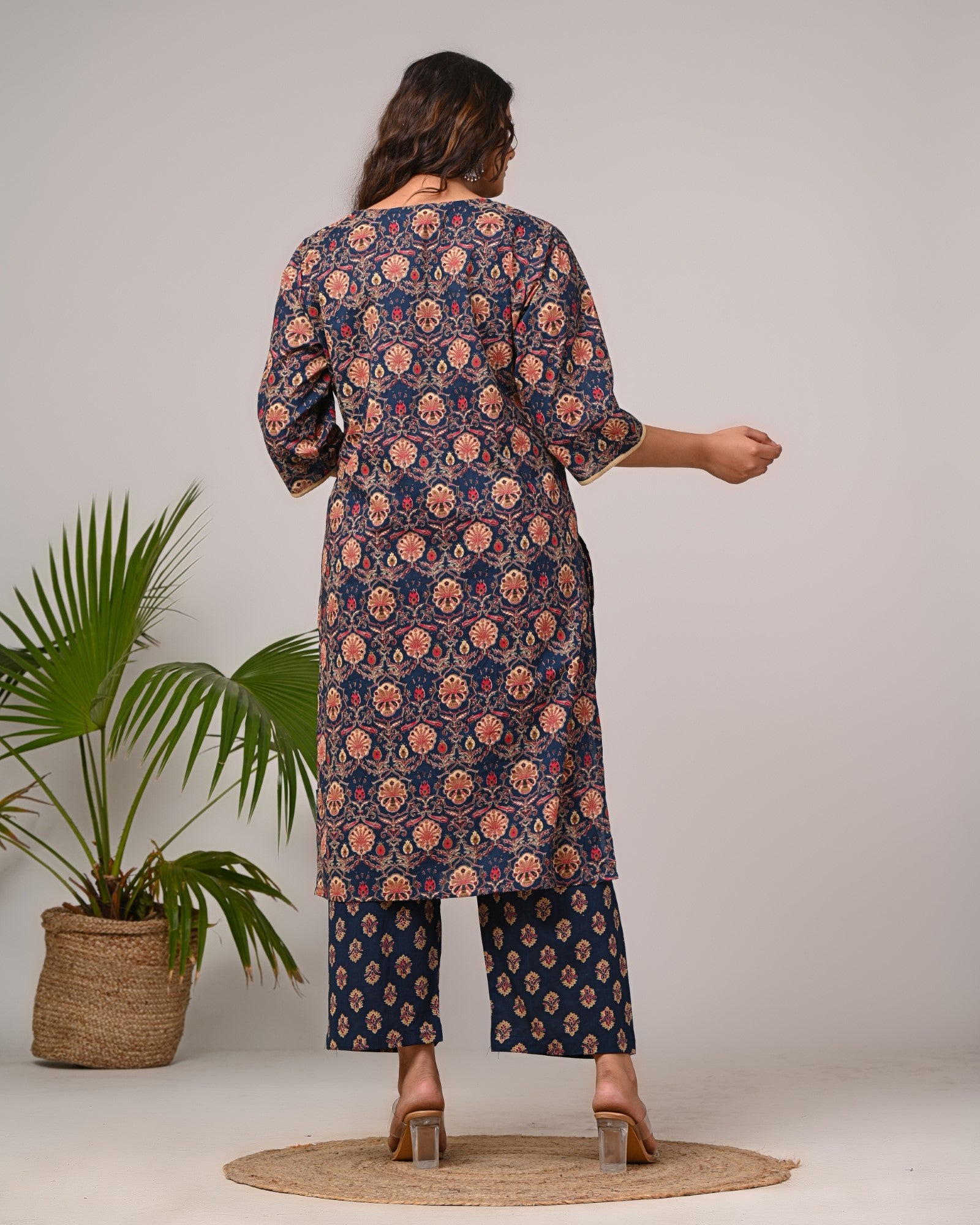 Plus Size Navy Blue Cotton Printed Kurta Pant Set with Dupatta-200027